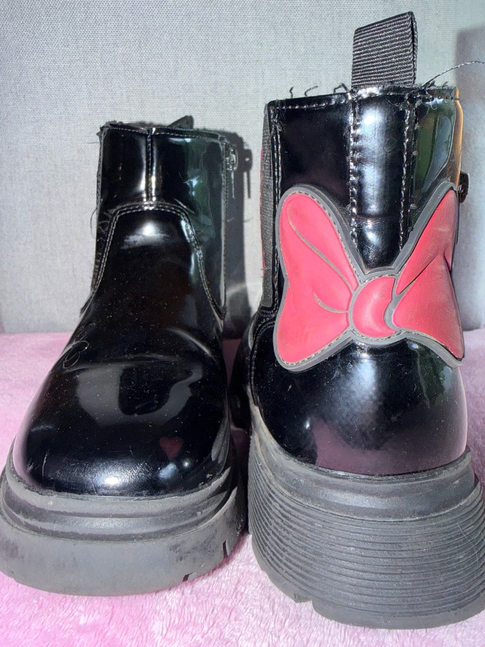 Kids Black Patent Boots with Pink Bow Accent